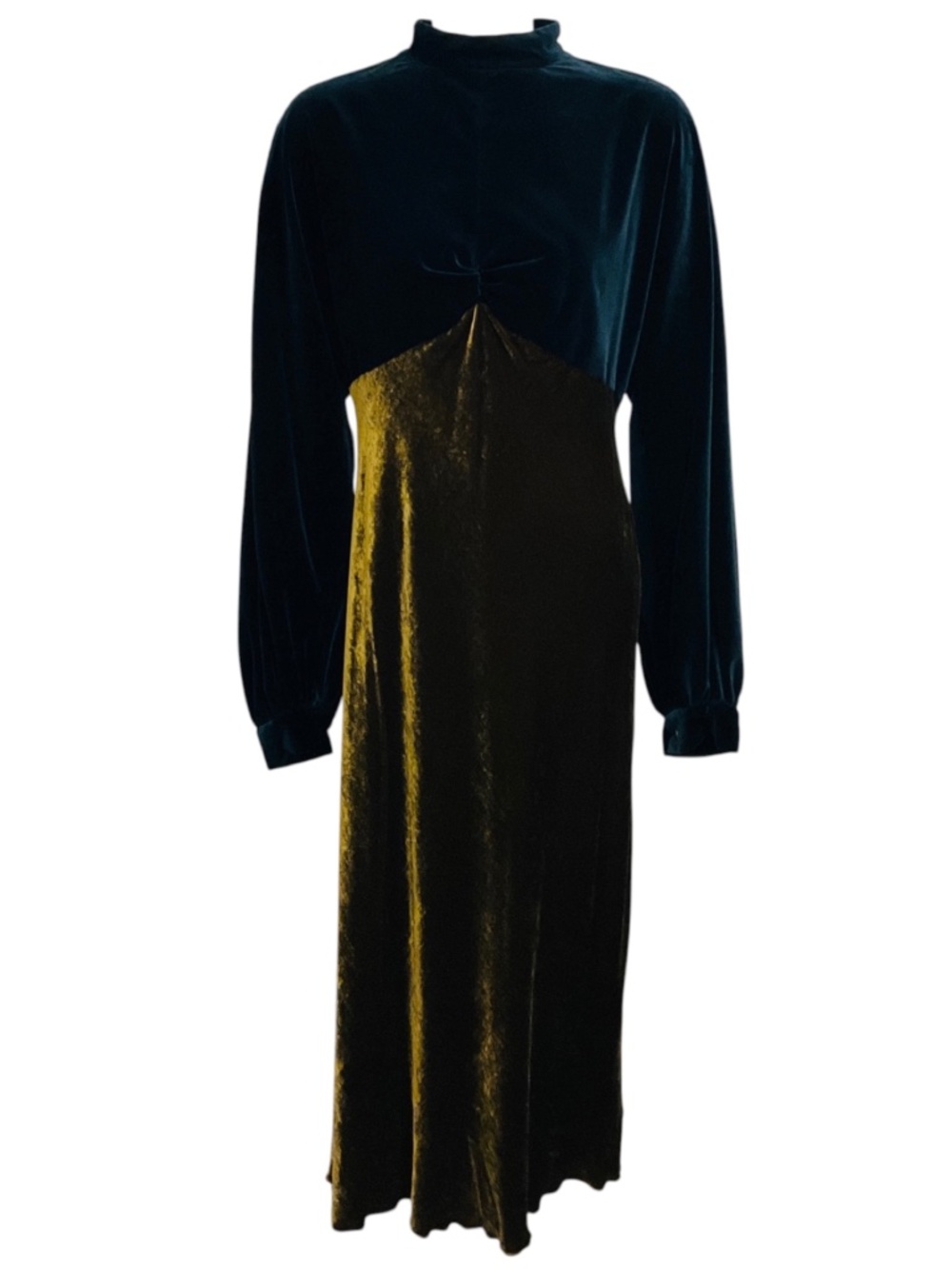 DRIES VAN NOTEN NAVY BLUE / DARK GOLD LONG SLEEVED VELVET MIDI DRESS